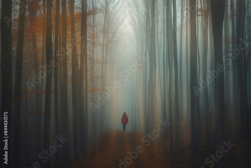 A person is walking through a forest in the rain. Concept of dejavu or déjà vu effect photo