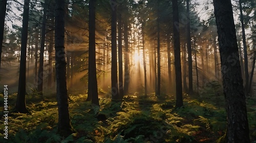 Sunrise view in a beautiful green forest landscape with long and crowded trees