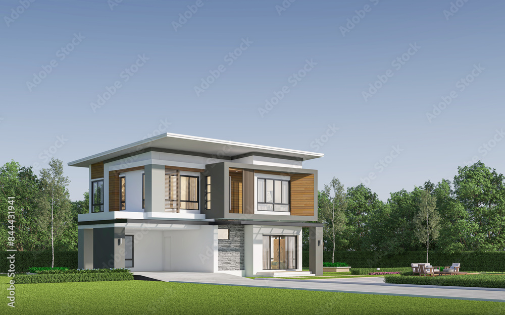 Modern house exterior day light with lawn grass.3d rendering Modern house exterior day light with lawn grass.3d rendering