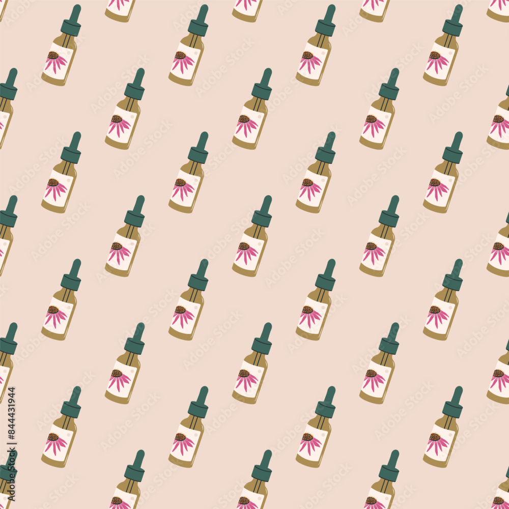 Coneflower essential oil seamless pattern. Dropper bottle with Echinacea flower extract. Natural wellness and herbal therapy. Vector hand drawn illustration. Coneflower essential oil seamless pattern. Dropper bottle with Echinacea flower extract. Natural wellness and herbal therapy. Vector hand drawn illustration.
