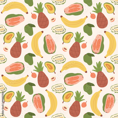 Tropical fruits seamless pattern. Banana, pineapple, guanabana, and mango slices and whole fruit. Vector hand drawn flat illustration.