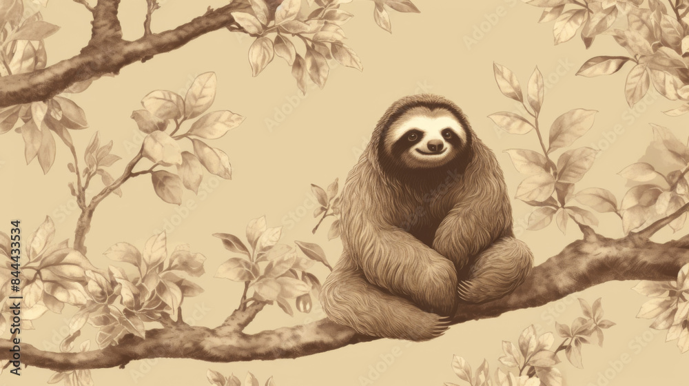 Obraz premium A brown and white drawing of a sloth sitting on a tree branch