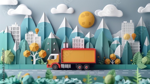papercraft art illustration, lorry truck with cityscape, business logistic theme