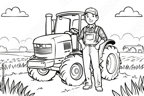 a tractor driverstanding near and white perfect for colouring book