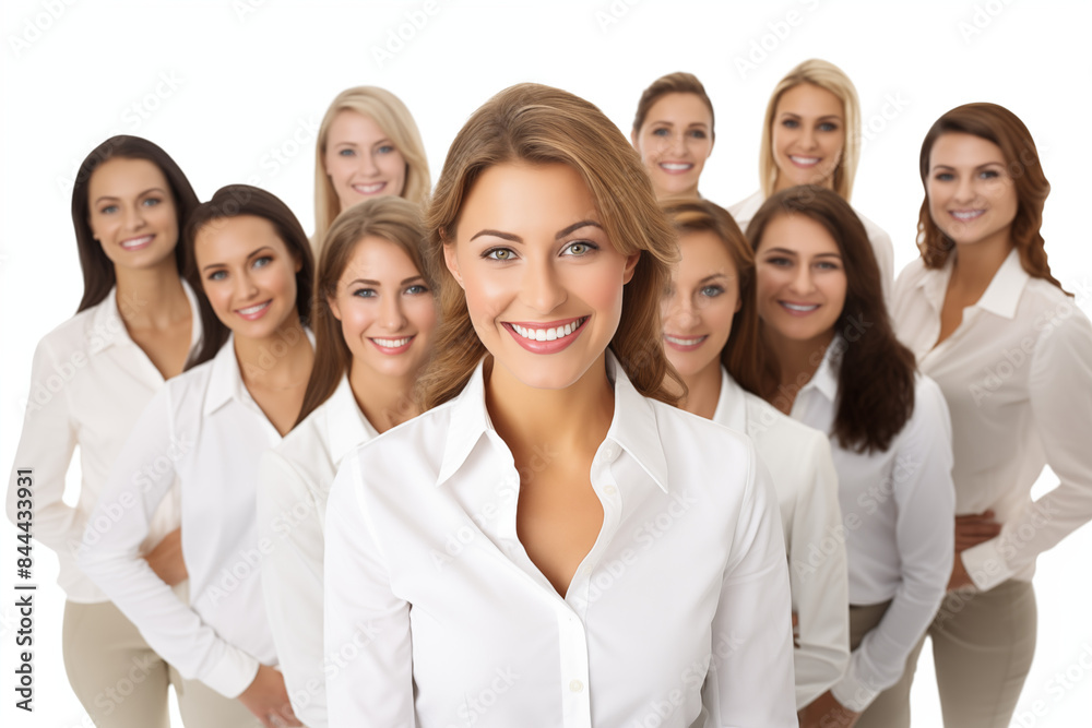 Group of smiling white businesswomen at work on white background. Women in suits at work. Boss women. Image for graphic designer. Business world. Job recruitment. Group of smiling white businesswomen at work on white background. Women in suits at work. Boss women. Image for graphic designer. Business world. Job recruitment.
