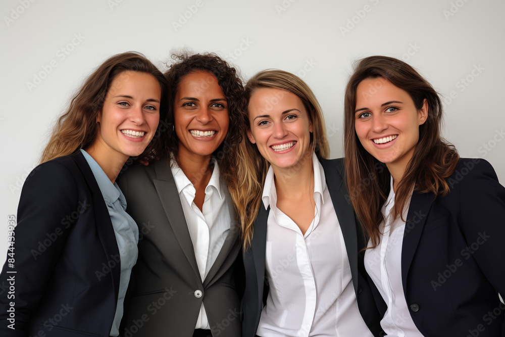 Group of smiling white businesswomen at work on white background. Women in suits at work. Boss women. Image for graphic designer. Business world. Job recruitment. Group of smiling white businesswomen at work on white background. Women in suits at work. Boss women. Image for graphic designer. Business world. Job recruitment.