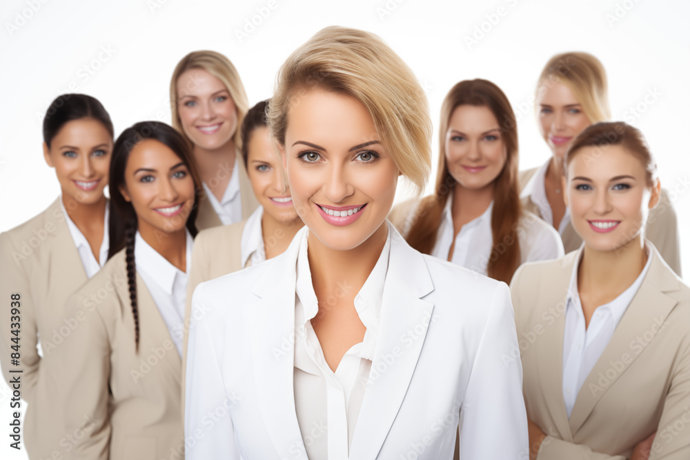 Group of smiling white businesswomen at work on white background. Women in suits at work. Boss women. Image for graphic designer. Business world. Job recruitment. Group of smiling white businesswomen at work on white background. Women in suits at work. Boss women. Image for graphic designer. Business world. Job recruitment.