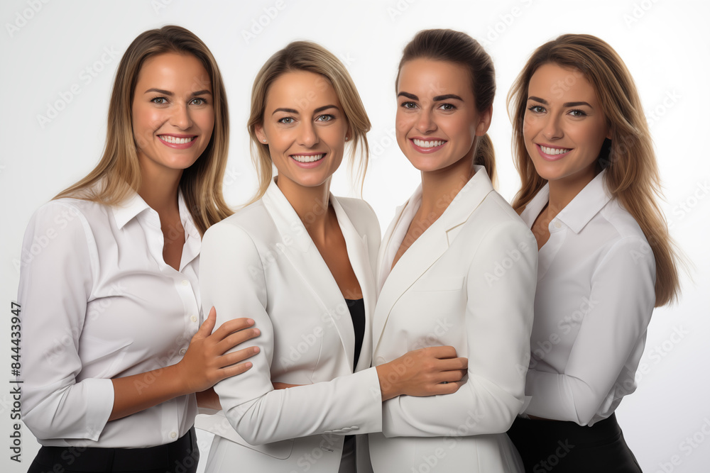Group of smiling white businesswomen at work on white background. Women in suits at work. Boss women. Image for graphic designer. Business world. Job recruitment.