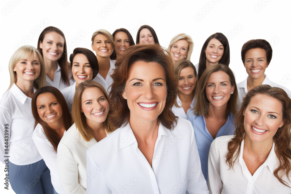 Group of smiling white businesswomen at work on white background. Women in suits at work. Boss women. Image for graphic designer. Business world. Job recruitment. Group of smiling white businesswomen at work on white background. Women in suits at work. Boss women. Image for graphic designer. Business world. Job recruitment.