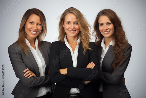 Group of smiling white businesswomen at work on white background. Women in suits at work. Boss women. Image for graphic designer. Business world. Job recruitment.