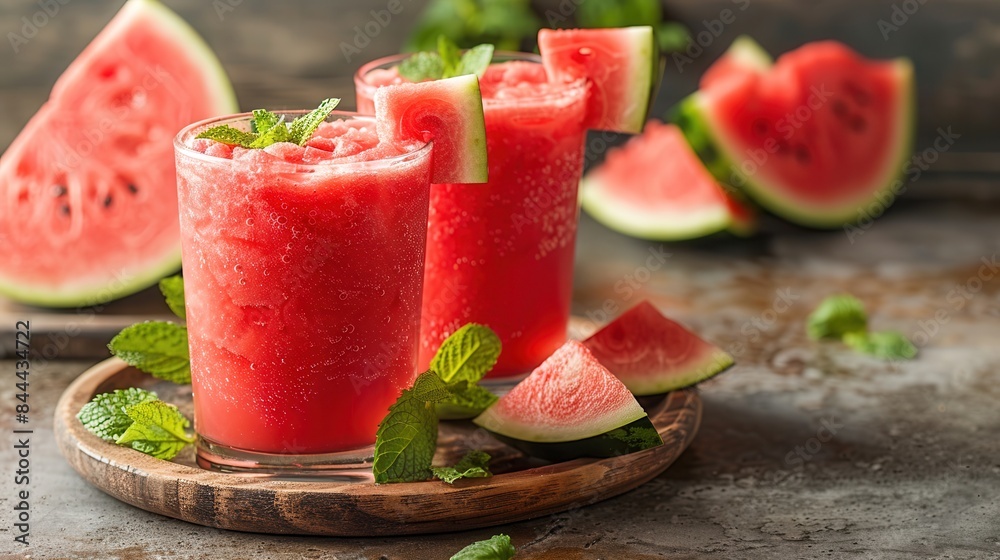 Refreshing watermelon smoothie with fresh mint leaves, served in glasses with watermelon slices on a wooden tray and rustic background. Refreshing watermelon smoothie with fresh mint leaves, served in glasses with watermelon slices on a wooden tray and rustic background.