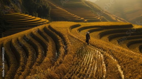 A farmer strolls through the golden rice fields on the hillsides of Mu Cang Chai village, near Sapa, Vietnam. photo