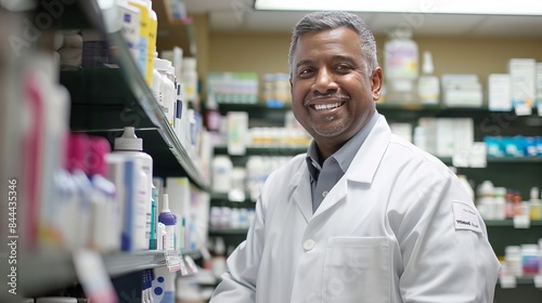 A friendly pharmacist is standing behind the counter at a pharmacy. He is providing medicine advice and product trust. He is also helping with inventory and stock.
