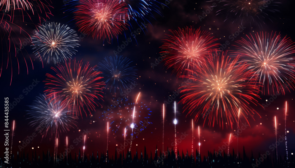 Obraz premium A fireworks display with many red, blue, and white fireworks