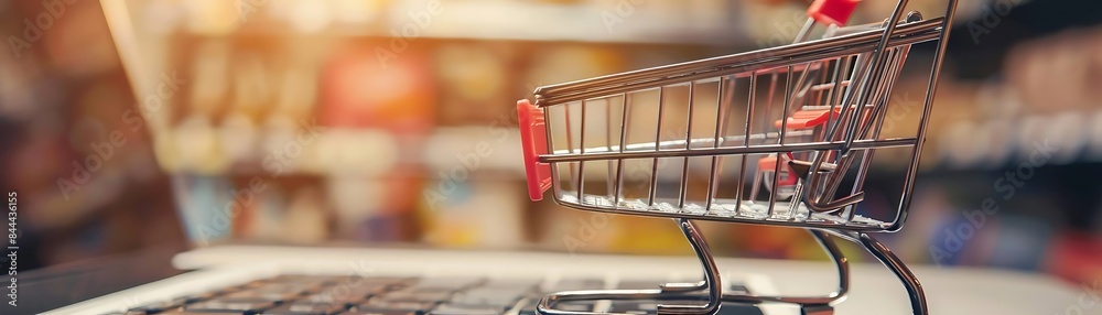 channel development on a laptop computer with a shopping cart in the background, featuring a black keyboard and a red handle channel development on a laptop computer with a shopping cart in the background, featuring a black keyboard and a red handle