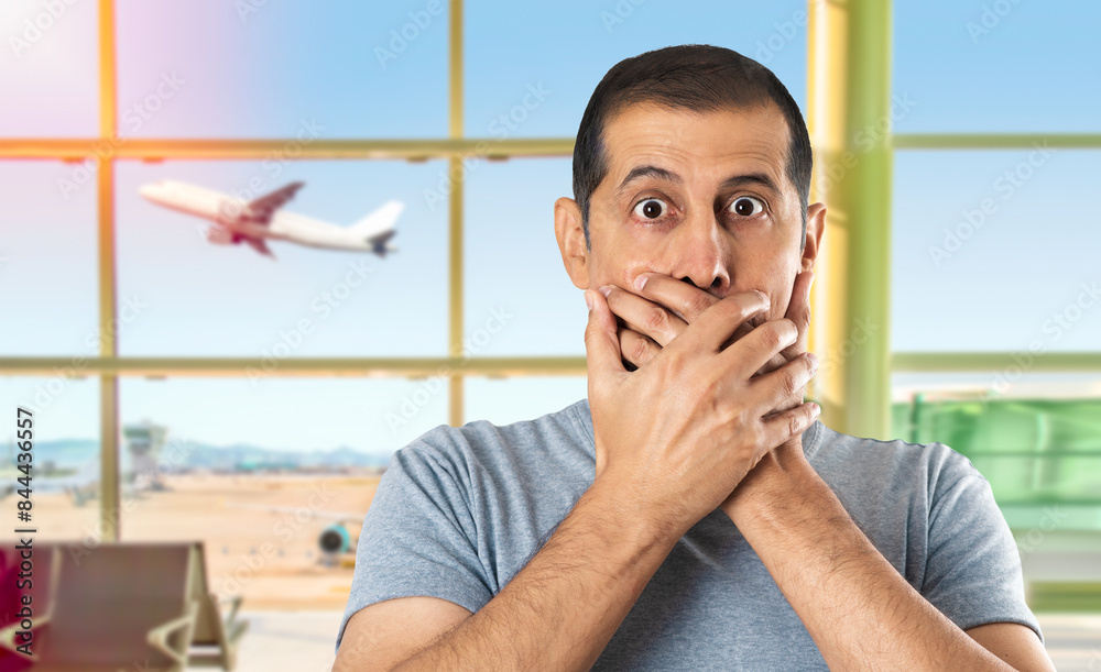 Fototapeta premium Shocked man covering his mouth with hands at airport.
