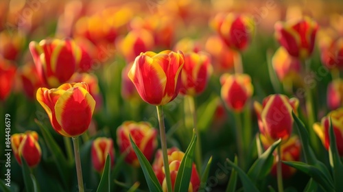 Beautiful red and yellow tulips close up in a sunny Dutch field