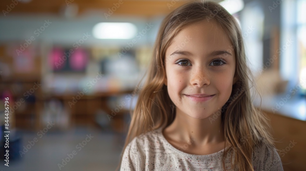 Portrait of a happy little girl in a classroom. Portrait of a happy little girl in a classroom.