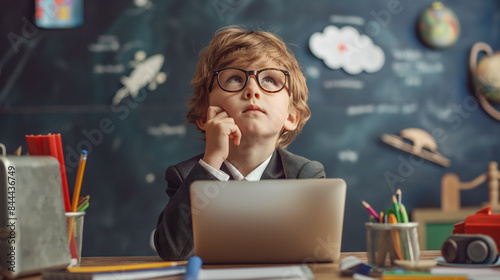 Young boy sitting at a desk with a toy laptop and office supplies, dreaming of becoming a successful business professional. Generative AI illustration. photo