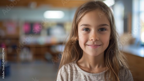Portrait of a happy little girl in a classroom.