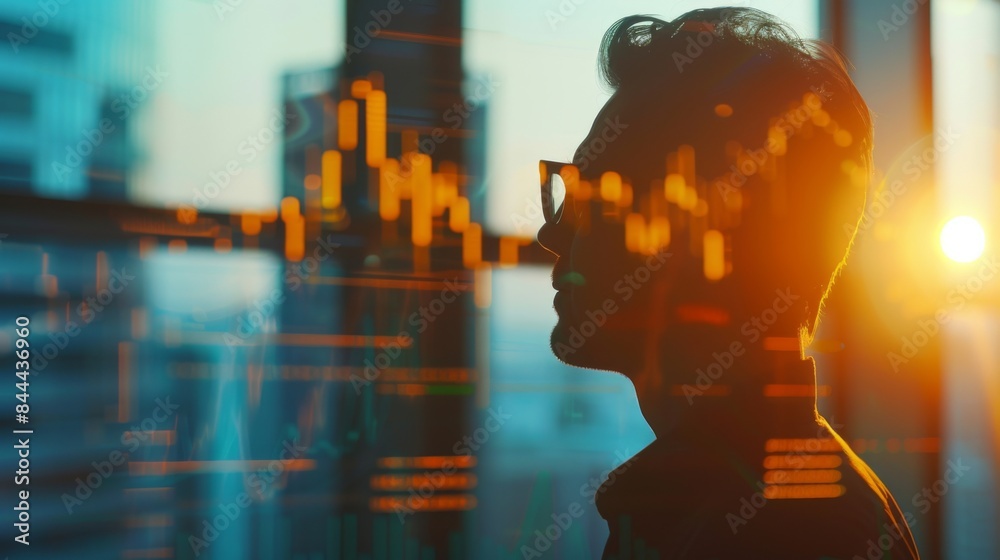 Businessman Silhouette Looking at Data Charts with Lens Flare. Businessman Silhouette Looking at Data Charts with Lens Flare.