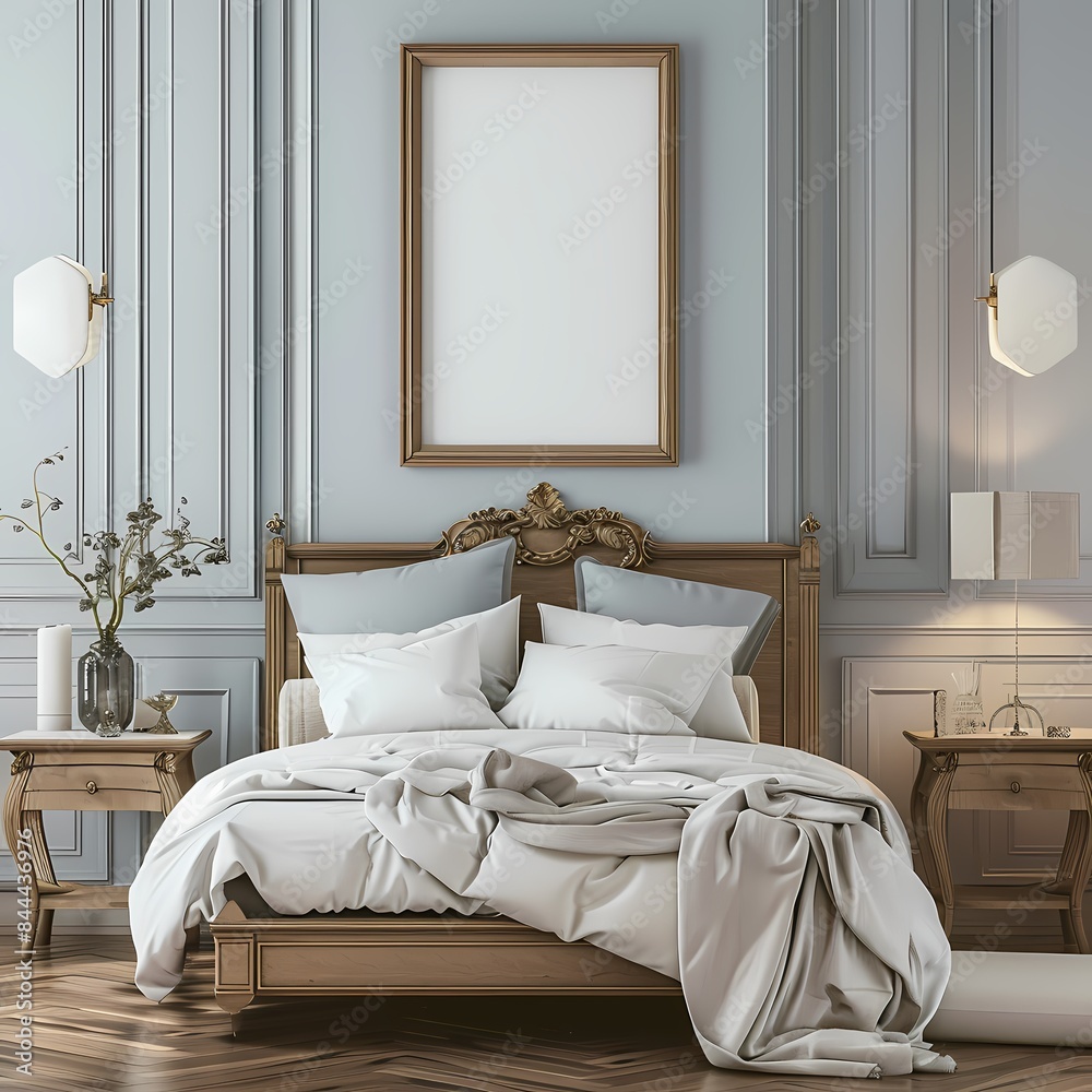 Mock up empty picture painting frame border, on white wall with vintage bed, , wooden thin minimal style, wabi sabi, farmhouse interior , bedroom Mock up empty picture painting frame border, on white wall with vintage bed, , wooden thin minimal style, wabi sabi, farmhouse interior , bedroom