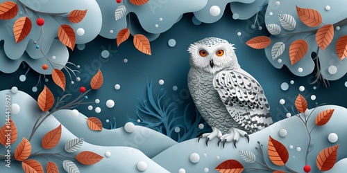 papercraft art illustration  white  snow owl bird in winter snow fall night