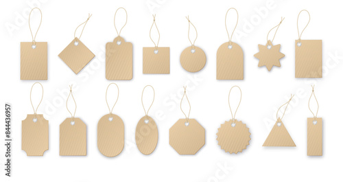 Realistic vector price tag. Cardboard label, paper sale tags mockup blank labels template shopping gift empty stickers with ropes tags vector