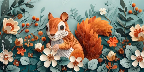 papercraft art illustration, cute fluffy tail squirrel in flower blossom garden