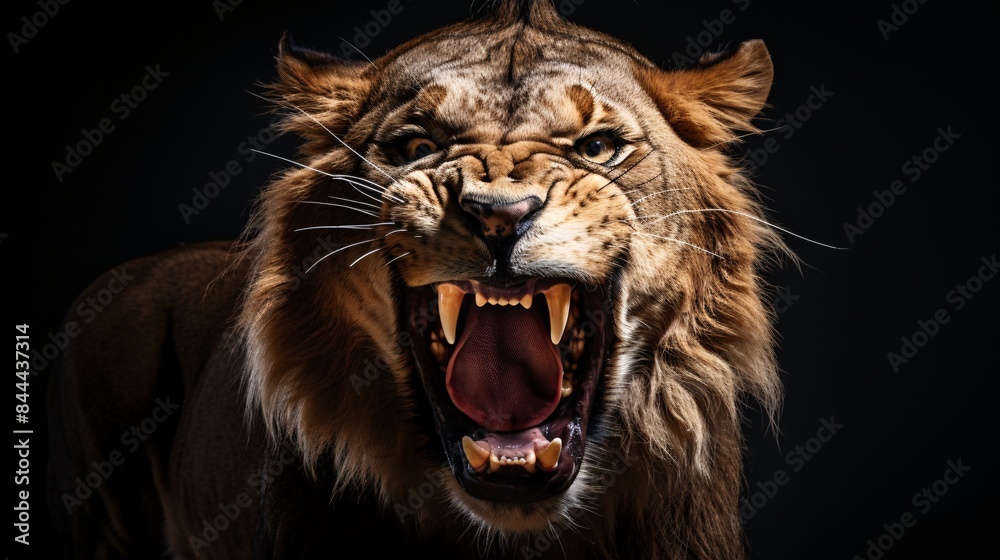 Fototapeta premium An angry lion with an open mouth. expression of anger. Portrait of a big male lion with open mouth on a dark background.