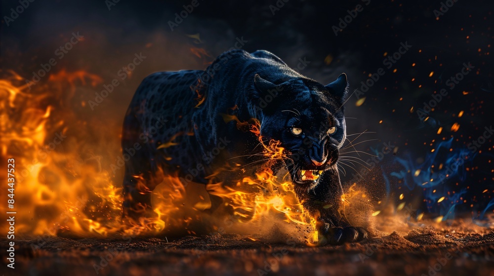Beautiful big black panther with fire on black background. Wildlife scene. Angry big cat in fiery ambience.
Beautiful big black panther with fire on black background. Wildlife scene. Angry big cat in fiery ambience.