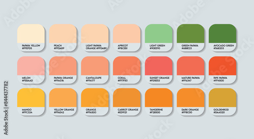 Papaya Color Palette, Papaya Color Guide Palette with Color Names. Catalog Samples of Papaya with RGB HEX codes and Names. Papaya Colors Palette Vector, Plastic and Fashion Trend Fruit Color Palette 