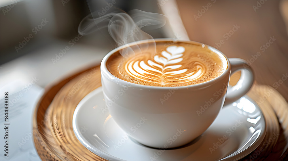 A latte with intricate espresso design, surrounded by wisps of steam in a white mug. A latte with intricate espresso design, surrounded by wisps of steam in a white mug.
