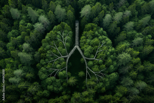 Forest trees in the shape of lungs in a meadow from a bird's-eye view photo