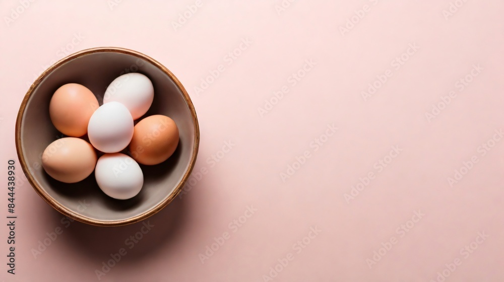 healthy fresh eggs in bowl with light pink background healthy fresh eggs in bowl with light pink background