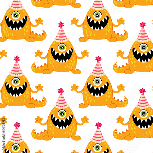 Pattern for textile, wrapping paper, background. 
Funny toothy orange monster in flat style on a white background. Kids cartoon character. Birthday background.