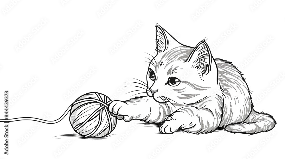 ภาพประกอบสต็อก Cute cat playing with a wool ball coloring page on a ...