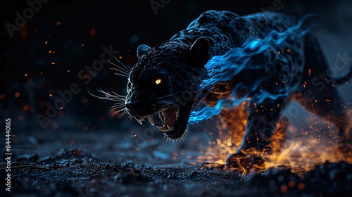 Beautiful big black leopard with fire on black background. Wildlife scene. Angry big cat in fiery ambience.