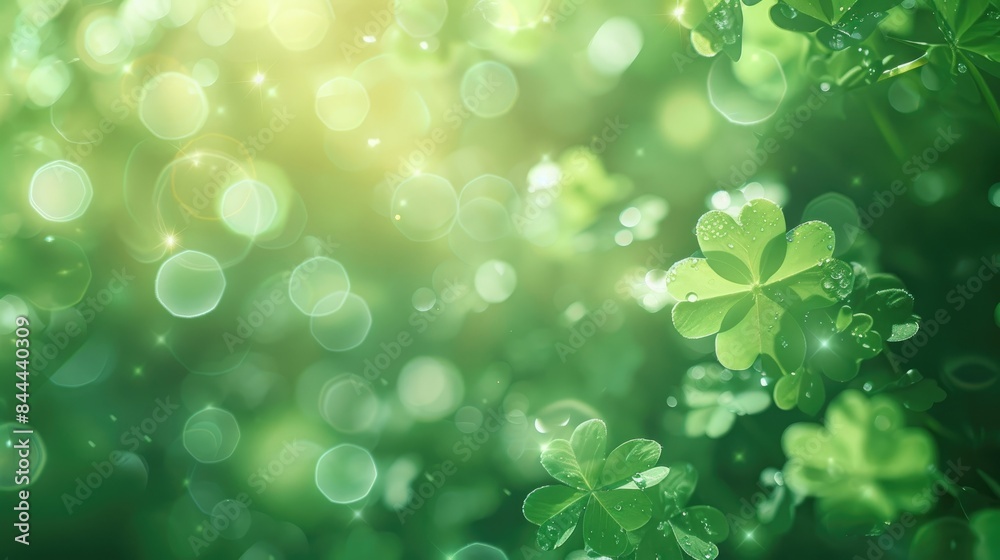 Blurry green botanic background with light flares and clover leaves shapes for a holiday themed bokeh Vibrant textured lighting design Blurry green botanic background with light flares and clover leaves shapes for a holiday themed bokeh Vibrant textured lighting design