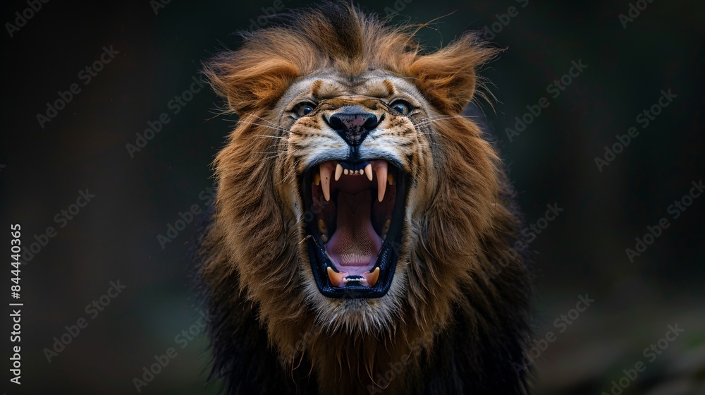 Fototapeta premium An angry lion with an open mouth. expression of anger. Portrait of a big male lion with open mouth on a dark background.