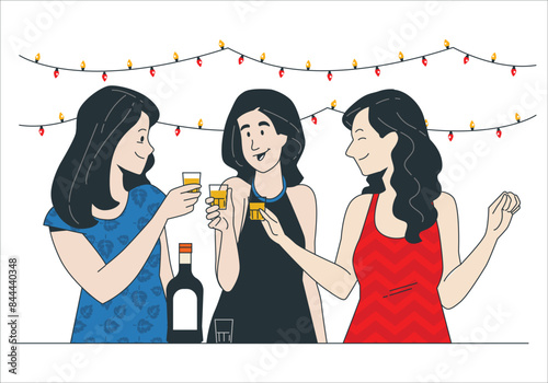 Pretty friends drinking shots together at the nightclub. Youth drinking cocktails, beer and wine. Vector female characters cheering and consuming alcoholic beverages. Student college. 2180