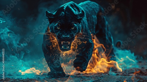 Beautiful big black leopard with fire on black background. Wildlife scene. Angry big cat in fiery ambience.