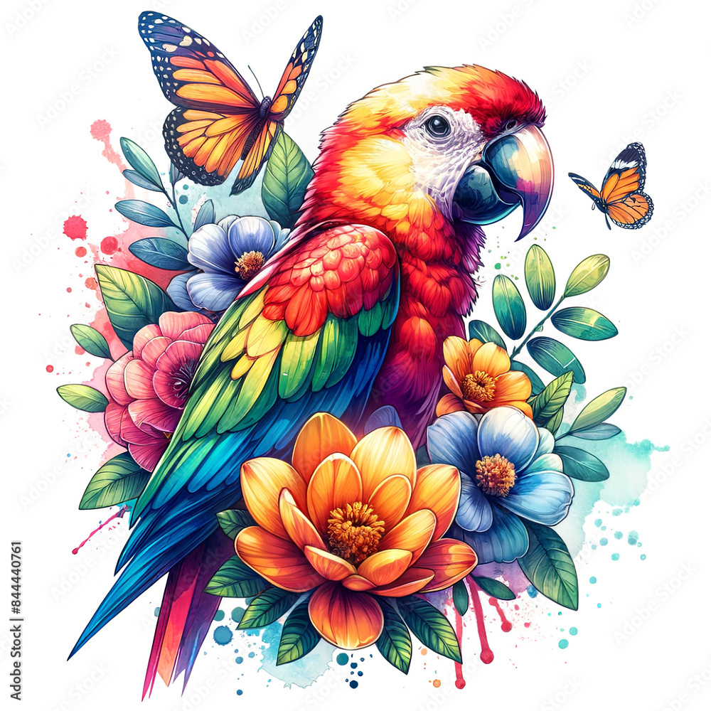 Fototapeta premium Colorful parrot with flowers on an isolated white background