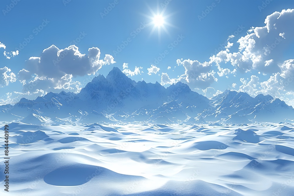 Snowy Mountain Landscape with Bright Sun and Fluffy Clouds - Winter Wonderland for Holiday Designs Snowy Mountain Landscape with Bright Sun and Fluffy Clouds - Winter Wonderland for Holiday Designs