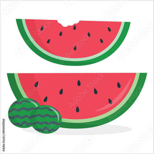 Cartoon fresh green open watermelon half, slices and triangles. Red watermelon piece with bite. Sliced cocktail water melon fruit vector set. Illustration of watermelon freshness nature. 2189
