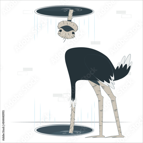 Ostrich Hiding And Looking From Hole. Illustration of a funny cartoon ostrich burying head into the ground and rising little further, symbolizing trust, healing and health recovery. 2190
