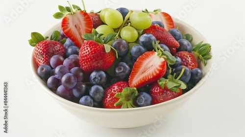 A bowl of vibrant fruits  including strawberries  blueberries  and grapes  sits against a white backdrop.