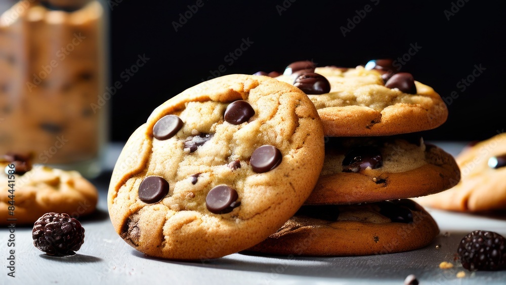 A stack of chocolate chip cookies with a few small blueberries lying next to them. They are spread out on a dark surface. The theme is freshly baked sweets and implying homemade quality A stack of chocolate chip cookies with a few small blueberries lying next to them. They are spread out on a dark surface. The theme is freshly baked sweets and implying homemade quality