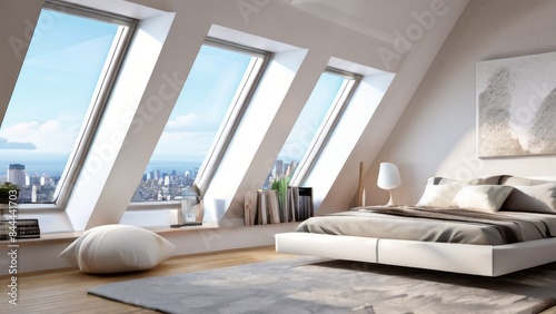 A bedroom with a large panoramic window overlooking the city night panorama. The room has a large bed with white linens  wooden flooring and modern furniture including an armchair and side table.