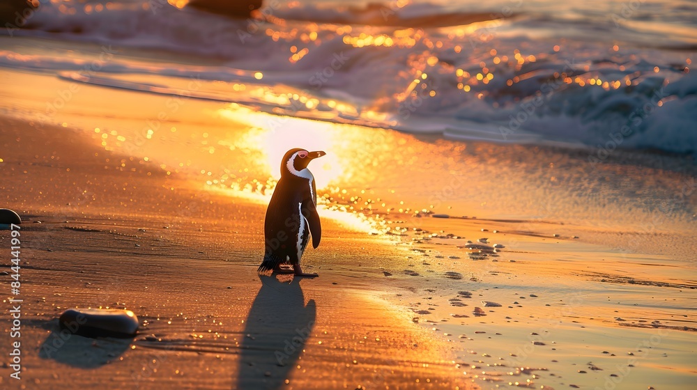 Illustration of Penguin basking in the sunlight beside a sparkling water stream, tranquil, serene, photorealistic, vibrant nature. Ai Generate. Illustration of Penguin basking in the sunlight beside a sparkling water stream, tranquil, serene, photorealistic, vibrant nature. Ai Generate.